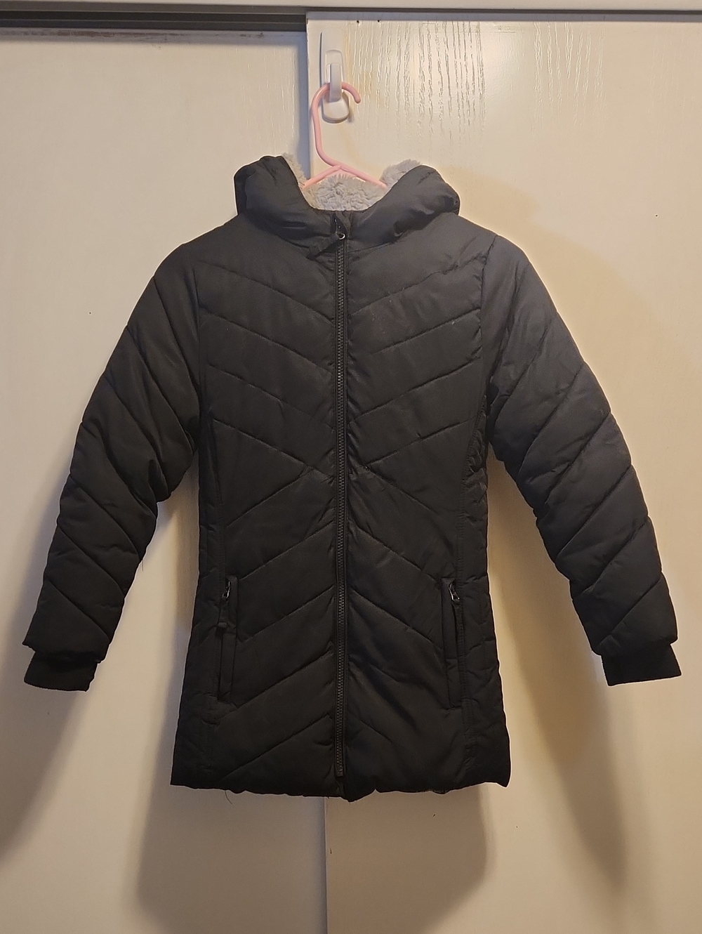Black Lands End Size S (7-8) Quilted Faux Fur Lined Hooded Girls Coat